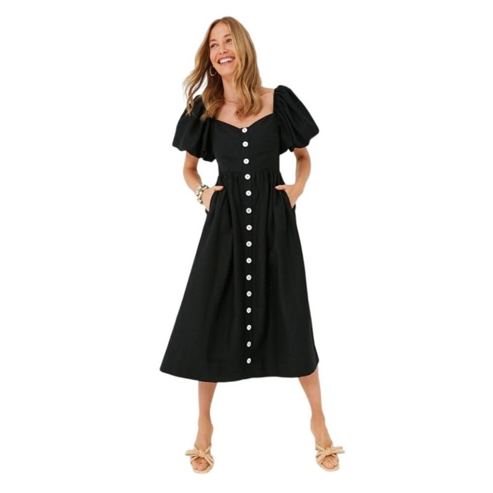 Tuckernuck Pomander Place Alexis Midi Dress M Black Linen Blend Puff Sleeve